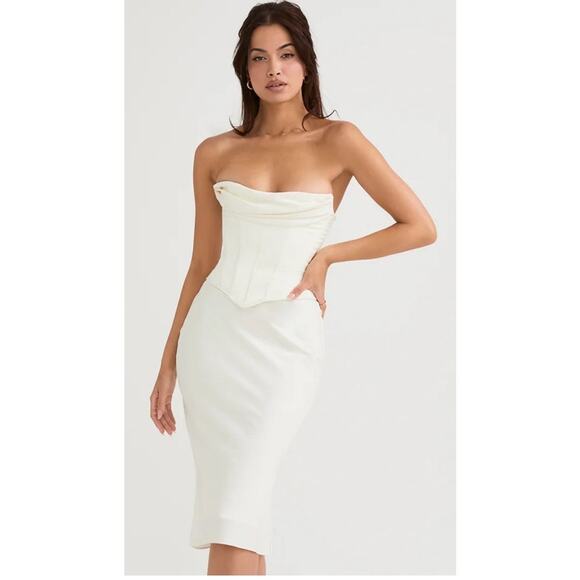House of CB Dress Womens XS Ivory Satin Sienna Strapless Corset Midi Formal Prom - Picture 1 of 10